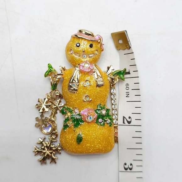 Kirks Folly Gold Snowman Brooch With Rhinestones Snowflakes Floral Accents - Picture 6 of 6